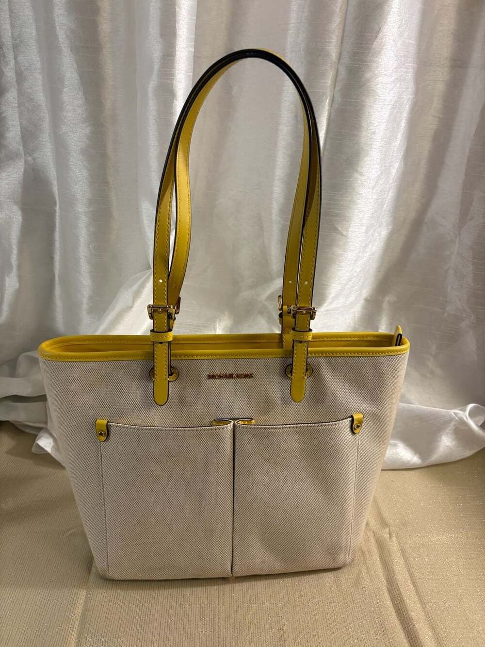 Michael Kors Medium Double Pocket Canvas Tote with Yellow Leather Trim